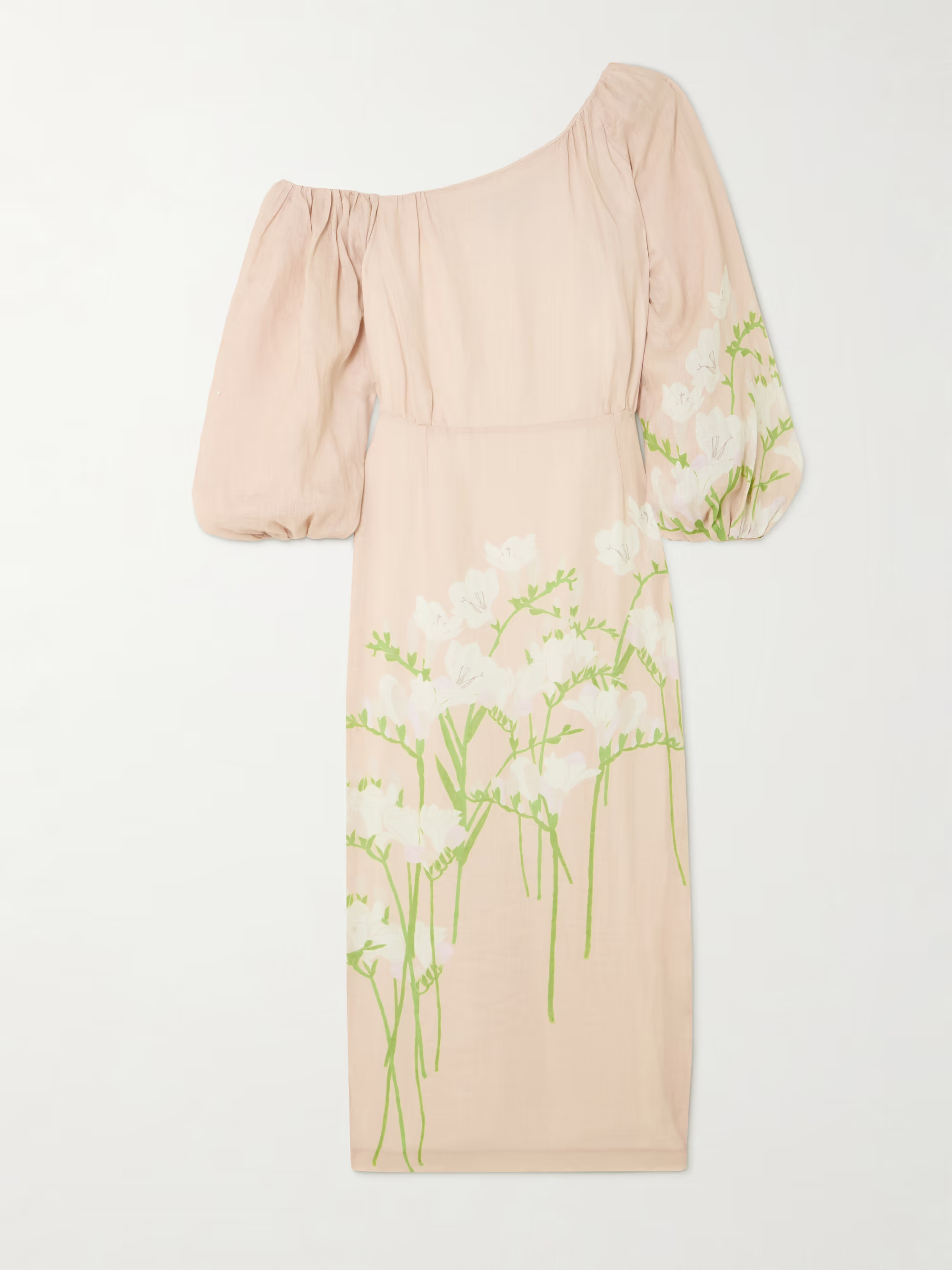 Cara off-the-shoulder gathered floral-print linen midi dress | NET-A-PORTER (US)