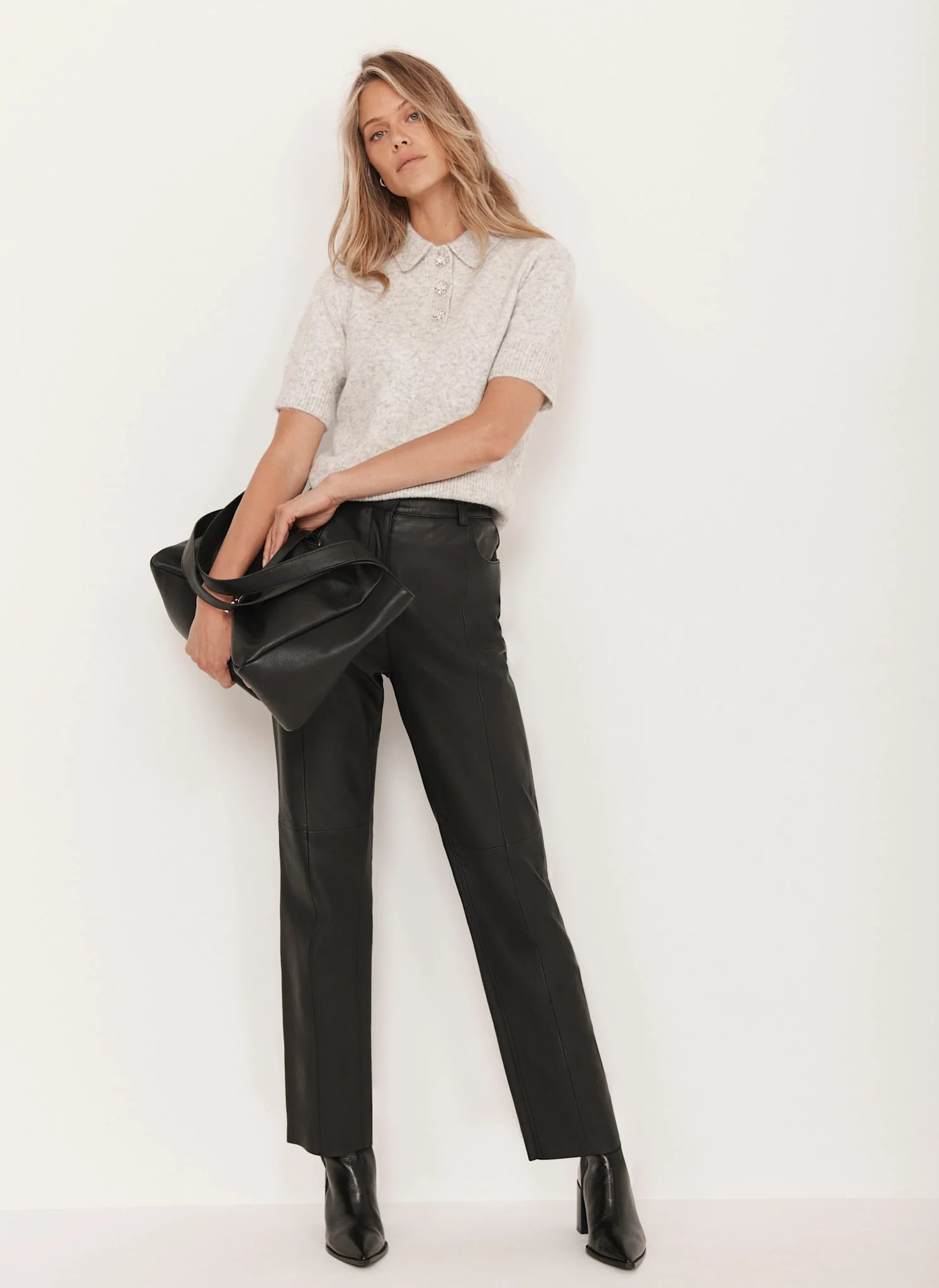 Black Leather Tapered Trousers | Mint Velvet