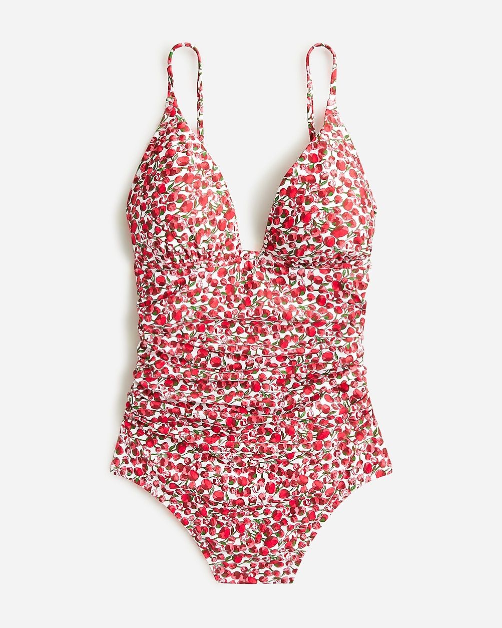 Long-torso ruched plunge one-piece swimsuit in Liberty® Eliza's Red fabric | J.Crew US