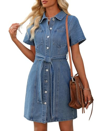 Nitzana Women's Denim Dress Summer Short Sleeve Jean Dress Button Down Denim Shirt Dresses with Pocket 2025 Trendy Outfits(Light Blue,M) | Amazon (US)