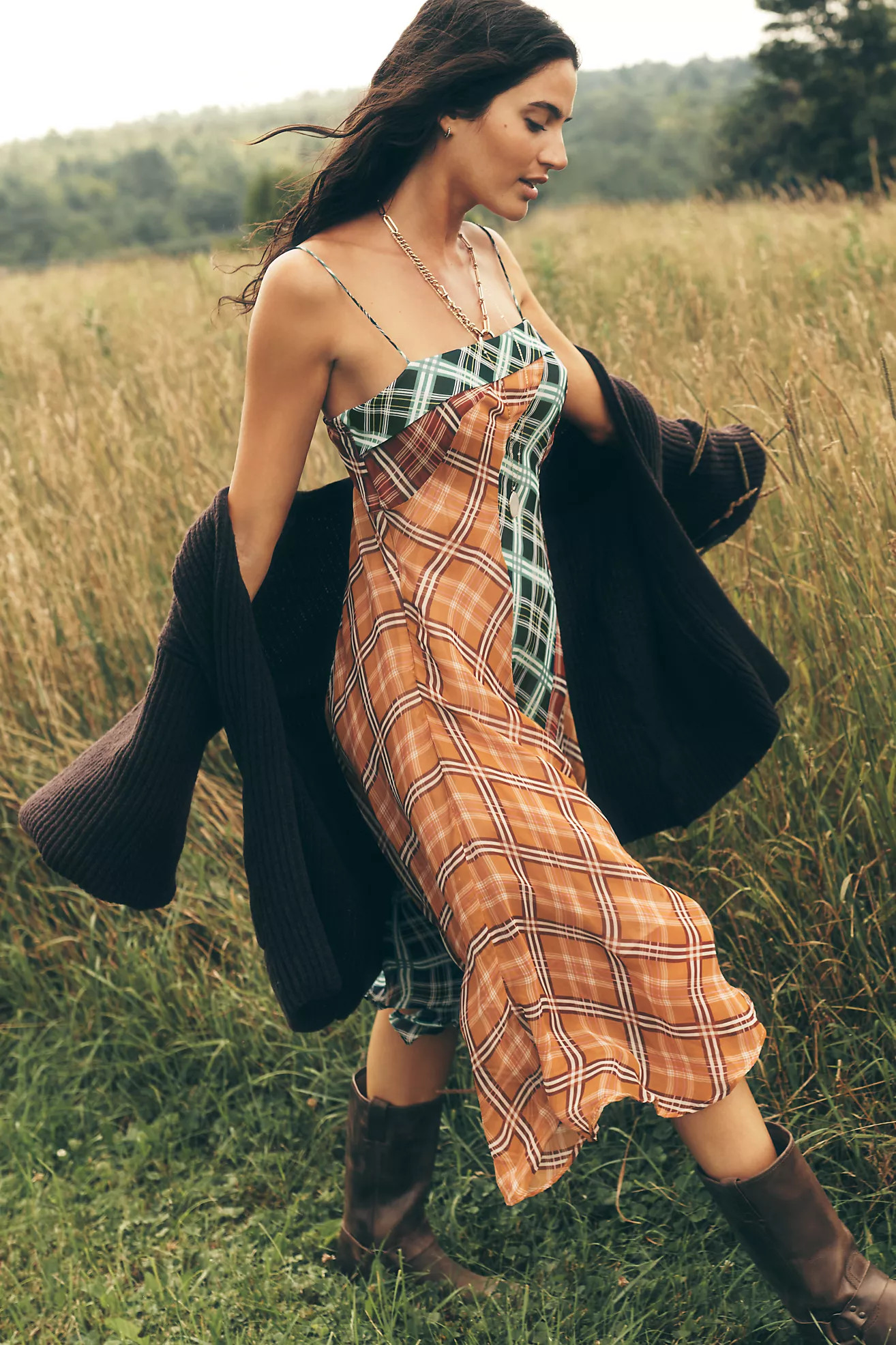 Maeve Sleeveless Asymmetric Plaid Mix Midi Dress | Anthropologie (US)