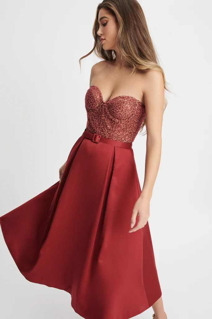 NATALIA Beaded Sequin Mesh & Bonded Satin Strapless Fit And Flare Dress In Burgundy | Lavish Alice