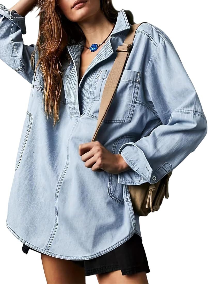 Denim Pullover Tops for Women, Long Sleeve V Neck Loose Fit Casual Jackets Pockets,Womens Denim J... | Amazon (US)