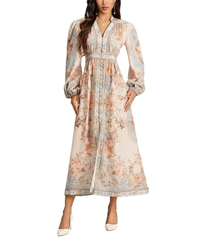 Womens Print V Neck Long Dresses Spring Single Breasted Vacation Long Dress Fall High Waist Knee ... | Amazon (US)