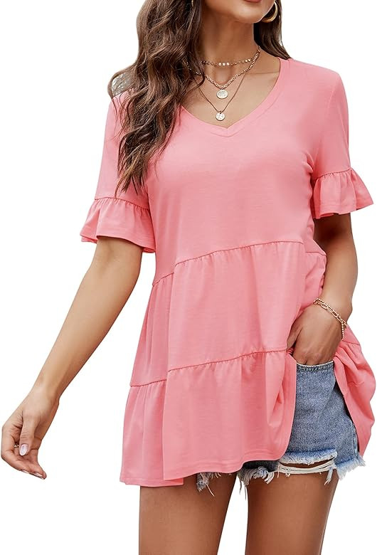 Babydoll Tops for Women Ruffle Short Sleeve/Long Sleeve V Neck Peplum Top Summer Casual T Shirts ... | Amazon (US)
