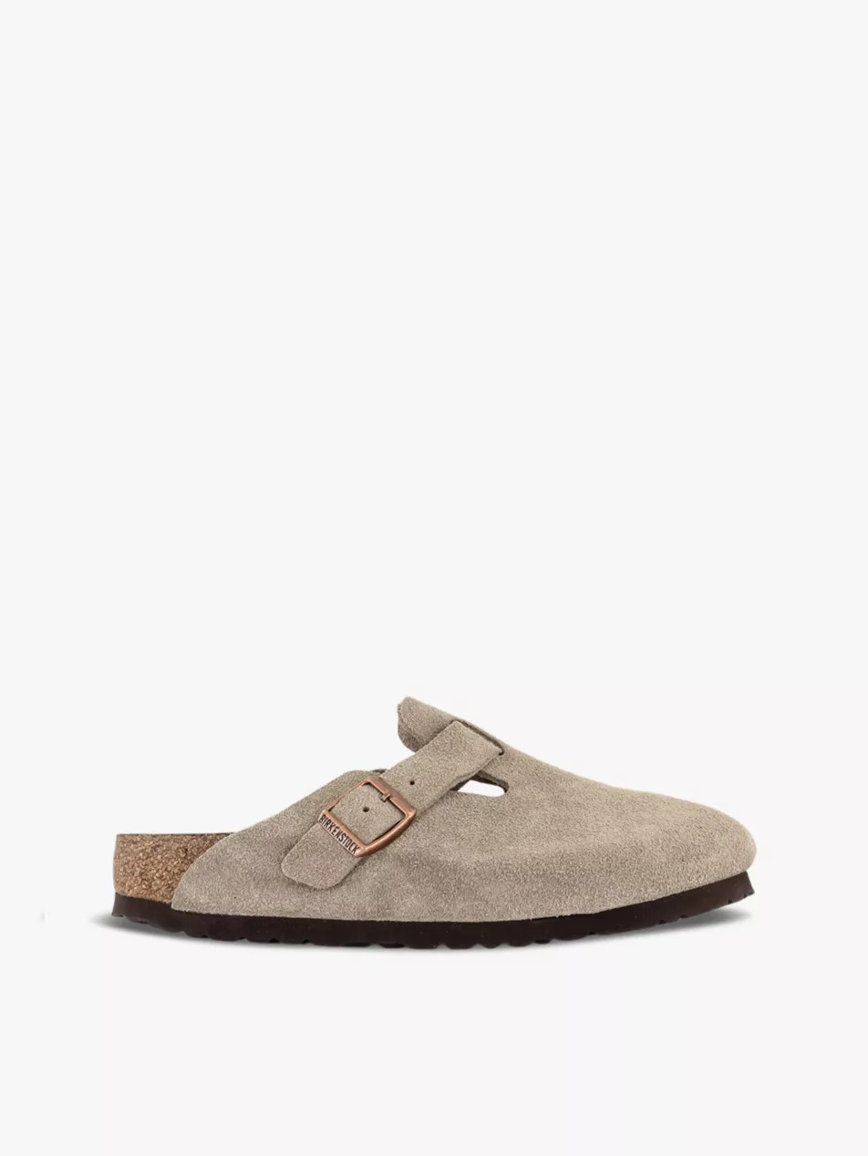 Boston logo-embossed suede clogs | Selfridges
