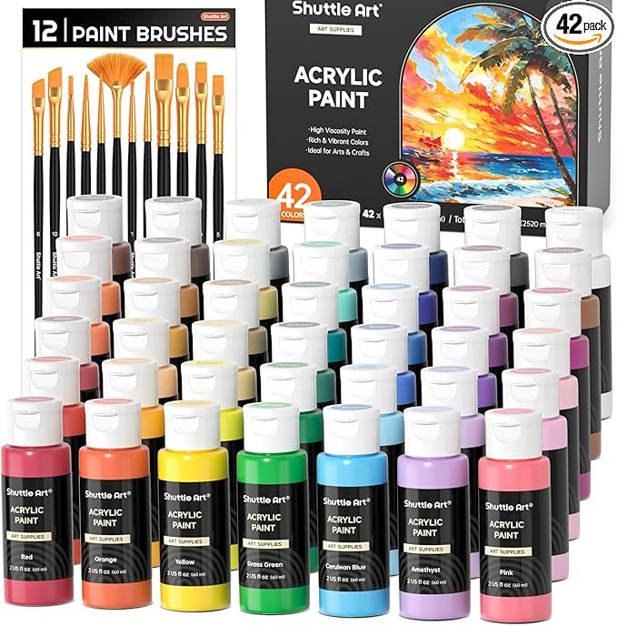 Shuttle Art Acrylic Paint, 42 Colors Acrylic Paint Set with 12 Paint Brushes, 2oz/60ml Bottles, R... | Amazon (US)