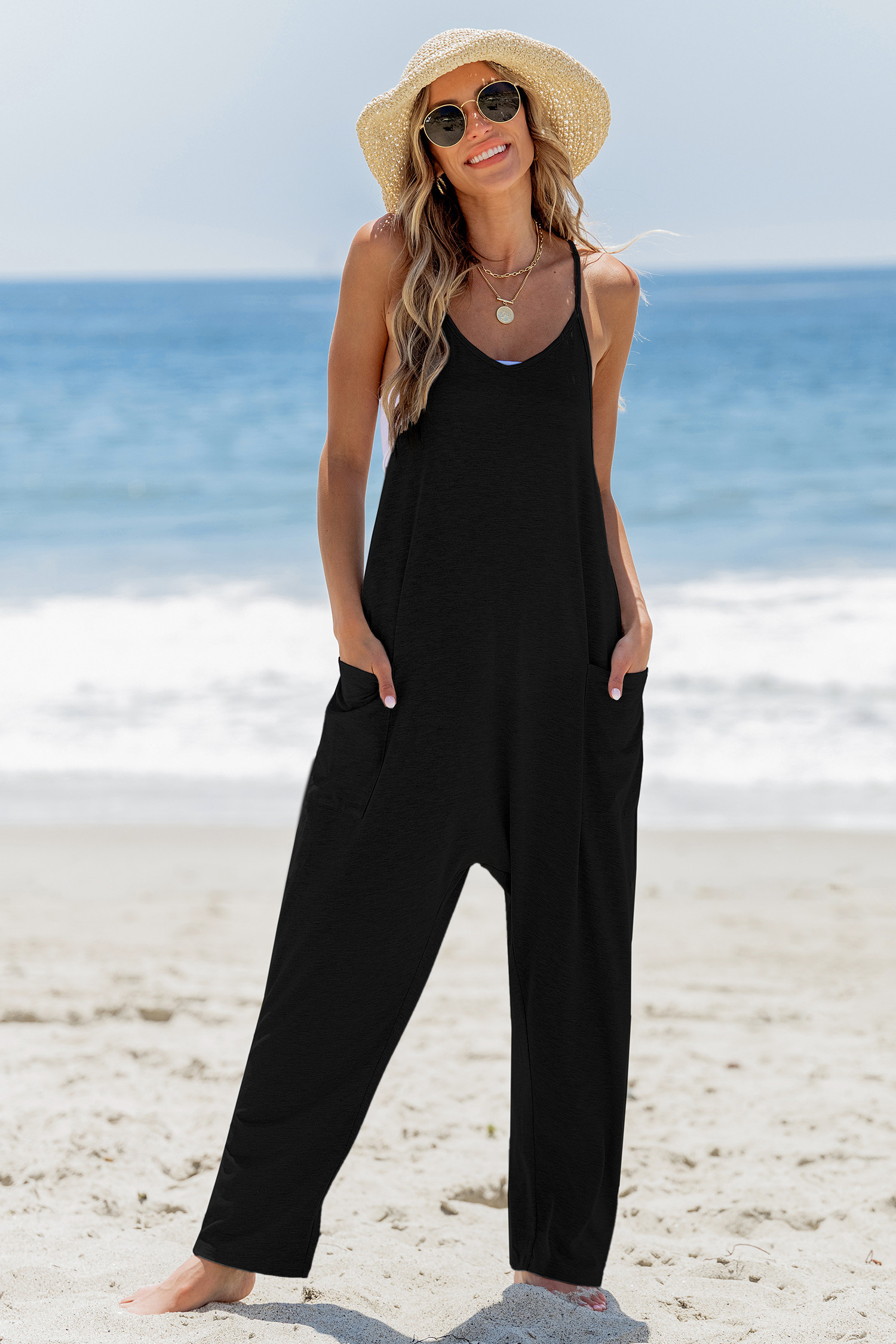 Black Sleeveless Scoop Neck Drop Crotch Jumpsuit - M | Cupshe US