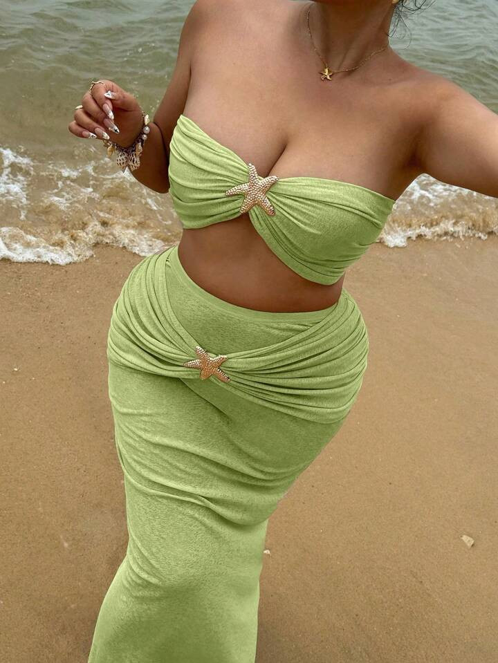 Sunnyshic 2pcs/Set Women's Starfish Decor Bandeau Top With Tie Back And Ruched Mini Skirt Set | SHEIN