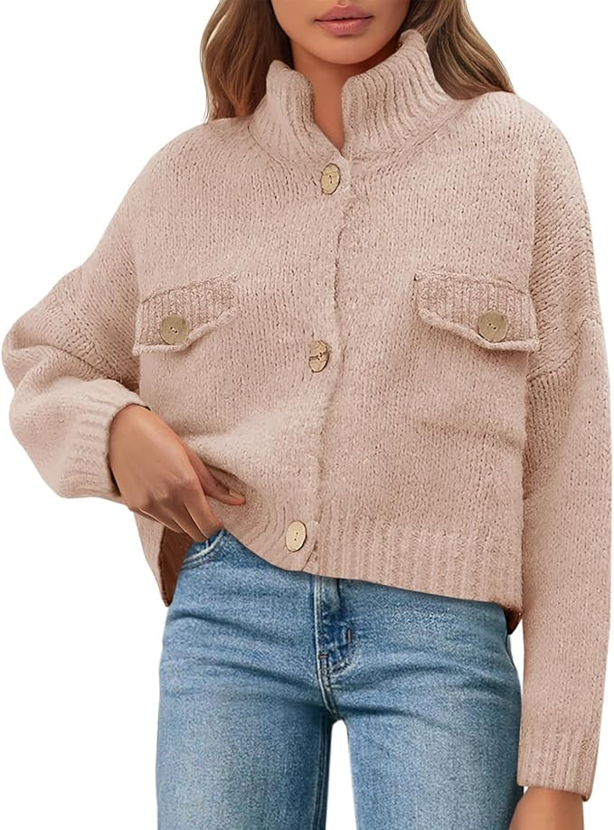 Saodimallsu Womens Cropped Cardigan Sweaters Button Up Chunky Knit Long Sleeve Collared Open Fron... | Amazon (US)