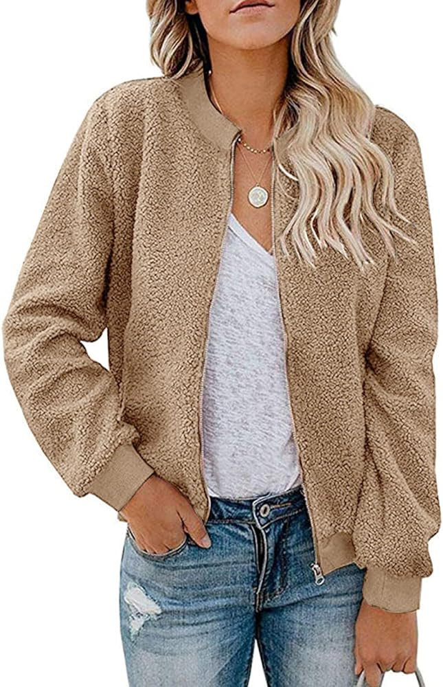 Women's Fall Fleece Bomber Jacket Trendy Sherpa Winter Coat Fuzzy Casual Long Sleeve Zip Up Loose... | Amazon (US)