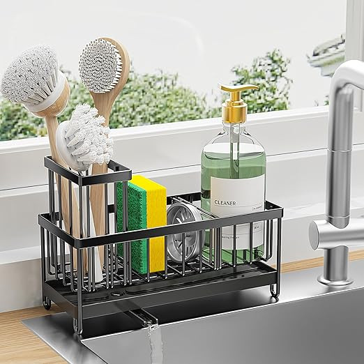 Cisily Black Sponge Holder for Kitchen Sink, Sink Caddy Organizer with High Brush Holder, Kitchen... | Amazon (US)