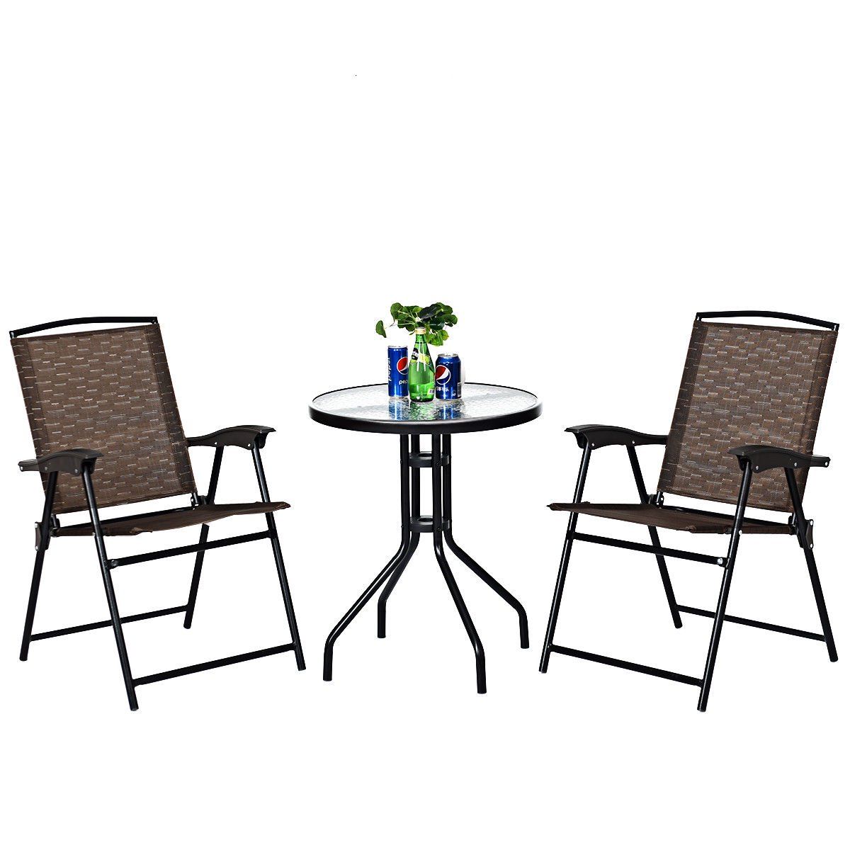 Costway 3PC Bistro Patio Garden Furniture Set 2 Folding Chairs Glass Table Top Steel | Walmart (US)