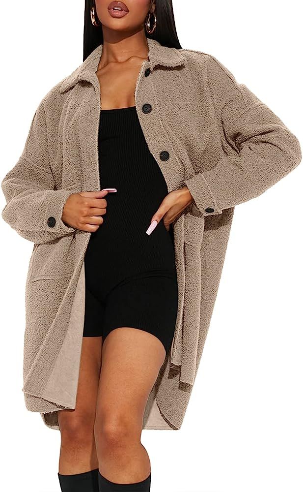 FSHAOES Women's Oversized Fleece Jackets Fuzzy Long Sleeve Open Front Teddy Jackets Sherpa Coat L... | Amazon (US)