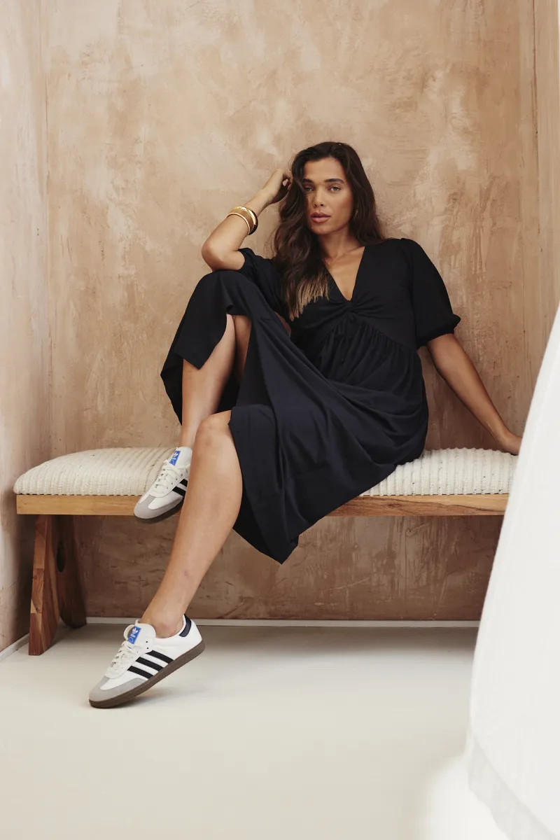 Recycled Puff Sleeve V Neck Button Detail Midi Dress | In The Style
