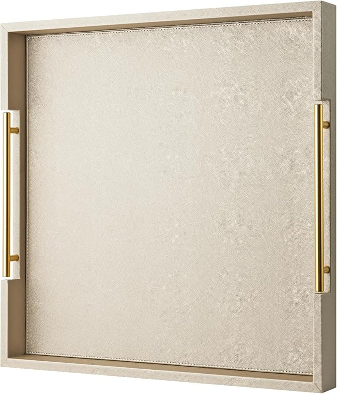 Champagne Faux Leather Serving Tray with Handles,20x20inches, Large Decorative Tray for Ottoman C... | Amazon (US)
