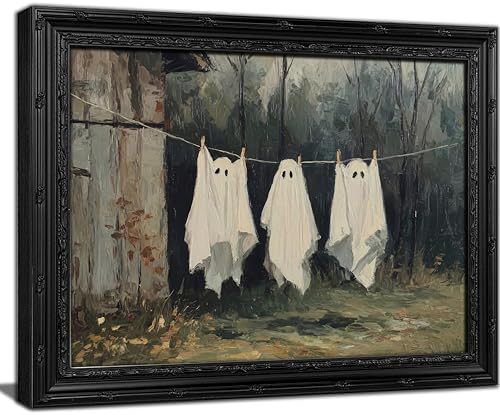 KKP Framed Ghost Wall Art - 3 Spooky Ghosts on Clothesline Canvas Print | Vintage Farmhouse Hallo... | Amazon (US)