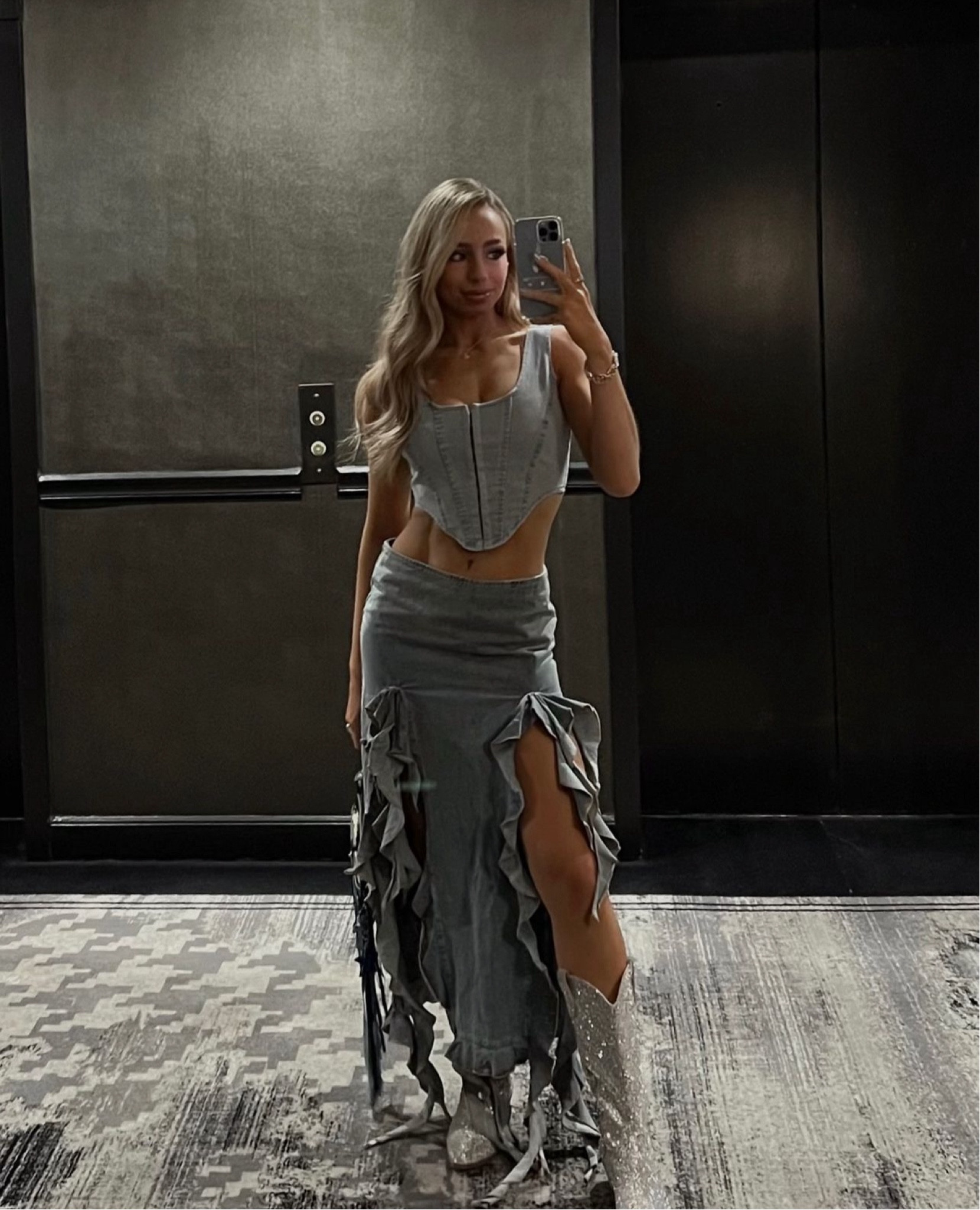 All denim. Betsy Johnson glitter boots are my Nashville must-have. Linked style matches from the same brands. Top is Akira. Skirt is Lioness. (Both currently sold out)

#LTKStyleTip #LTKCon