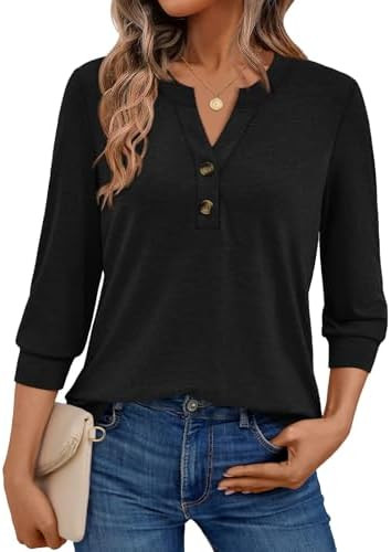 AUTOMET Womens Blouses Henley V Neck Shirts 3/4 Length Sleeve Summer Tops | Amazon (US)