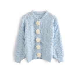 Flowers Button Down Embossed Bubble Sleeves Cardigan in Blue | Chicwish