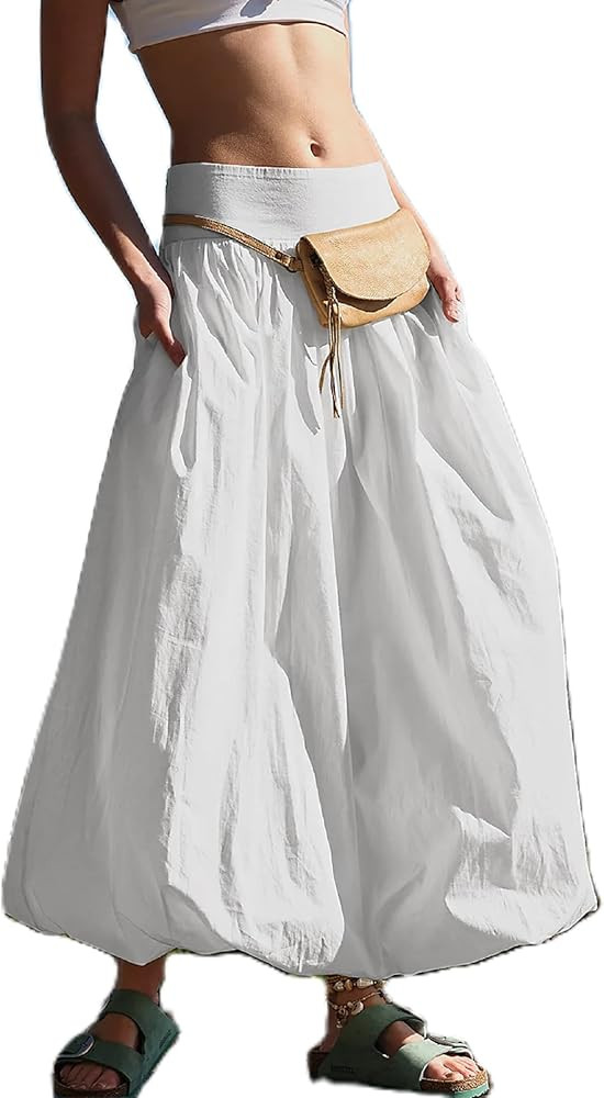 Aonoapll Y2k Women Bubble Maxi Skirt Casual Elastic Low Waist Flowy A Line Long Skirt Summer Ruff... | Amazon (US)