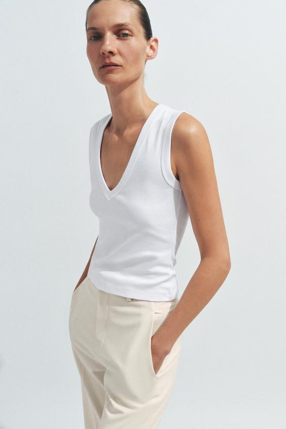 Zara - Cotton V-Neck T-Shirt - Brown - M - Woman | Zara UK