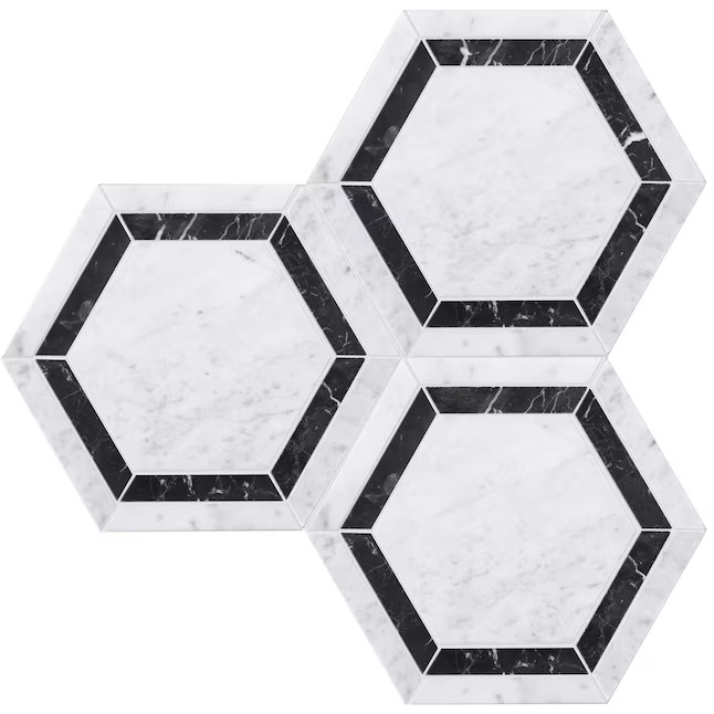 Satori Bianco Carrara White and Nero Marquina 8-in x 8-in Polished Natural stone Marble look Hexa... | Lowe's