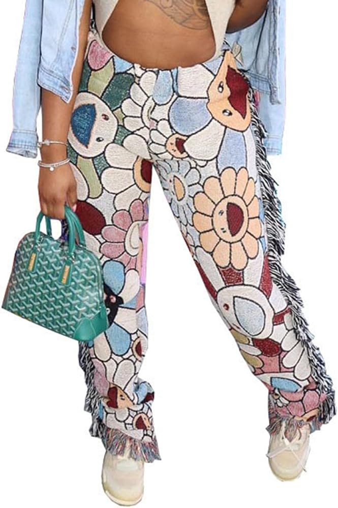 Angsuttc Sweatpants Women Fringe Pants Y2k Printed High Waisted Trendy Hip Hop Streetwear Pants | Amazon (US)