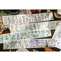 1 Strip, Washi Paper Stickers. Retro, Illustration, Floral, Botanical. Iris, Wisteria, Morning Glory, Vases, Field Flowers | Etsy (US)