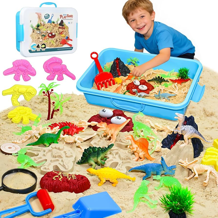 Dinosaur Sensory Bin with Lid, 2.64lbs Magic Sand, Dino Figures, Skeletons & Archaeology Tools, S... | Amazon (US)