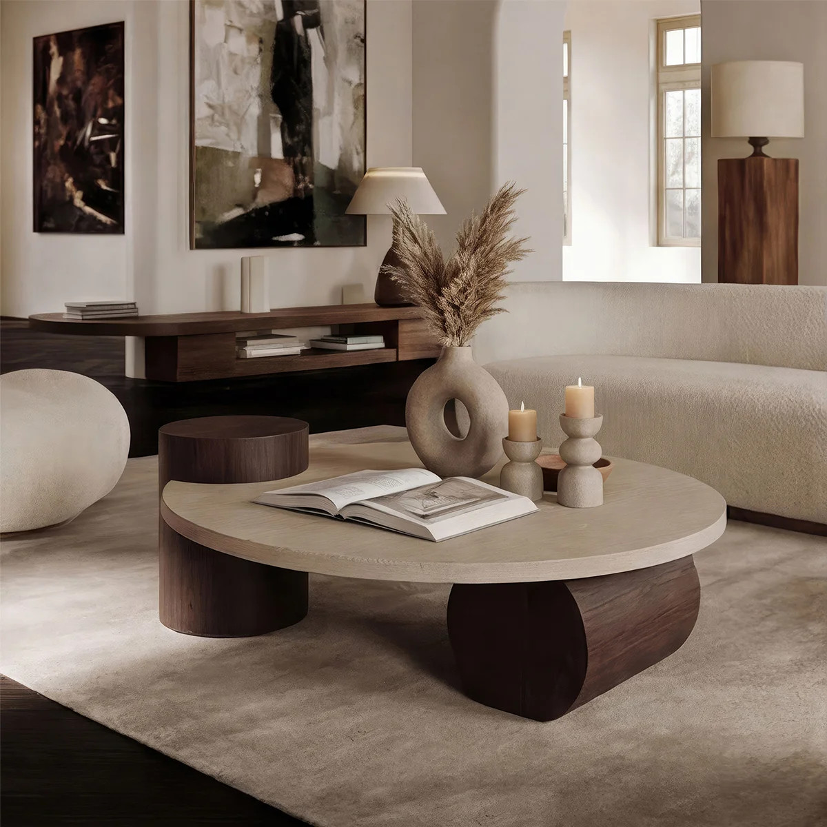 Natural Travertine Top & Walnut Wood Base Round Coffee Table | Wayfair North America