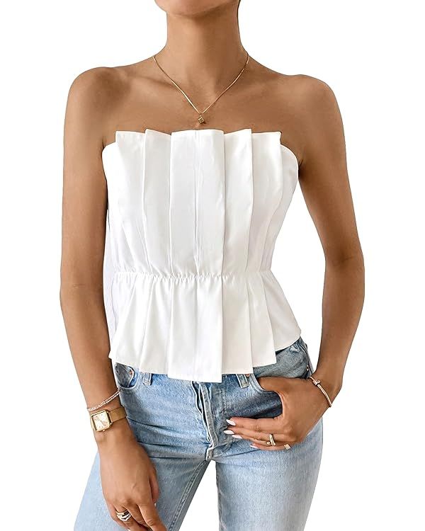 OYOANGLE Women's Casual Pleated Sleeveless Flare Hem Solid Strapless Tube Crop Top | Amazon (US)