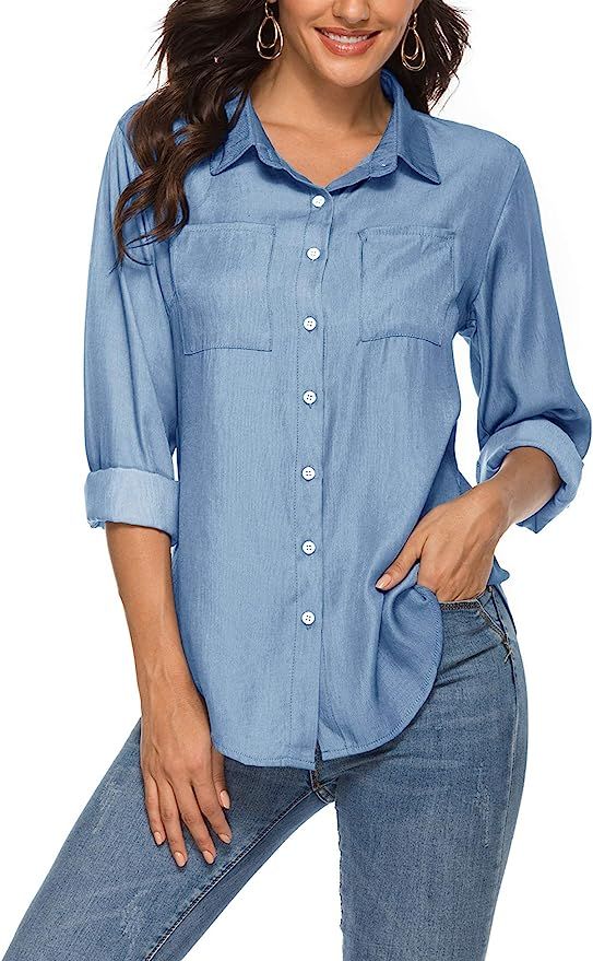 Romanstii Cotton Shirt Women Long Sleeve,Long Sleeve Chambray Button Down Shirts for Casual and W... | Amazon (US)