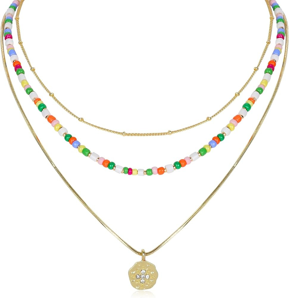 Bohemian Beaded Necklace for Women Girls Multilayered Strand Choker Necklace with Pendant Colorfu... | Amazon (US)