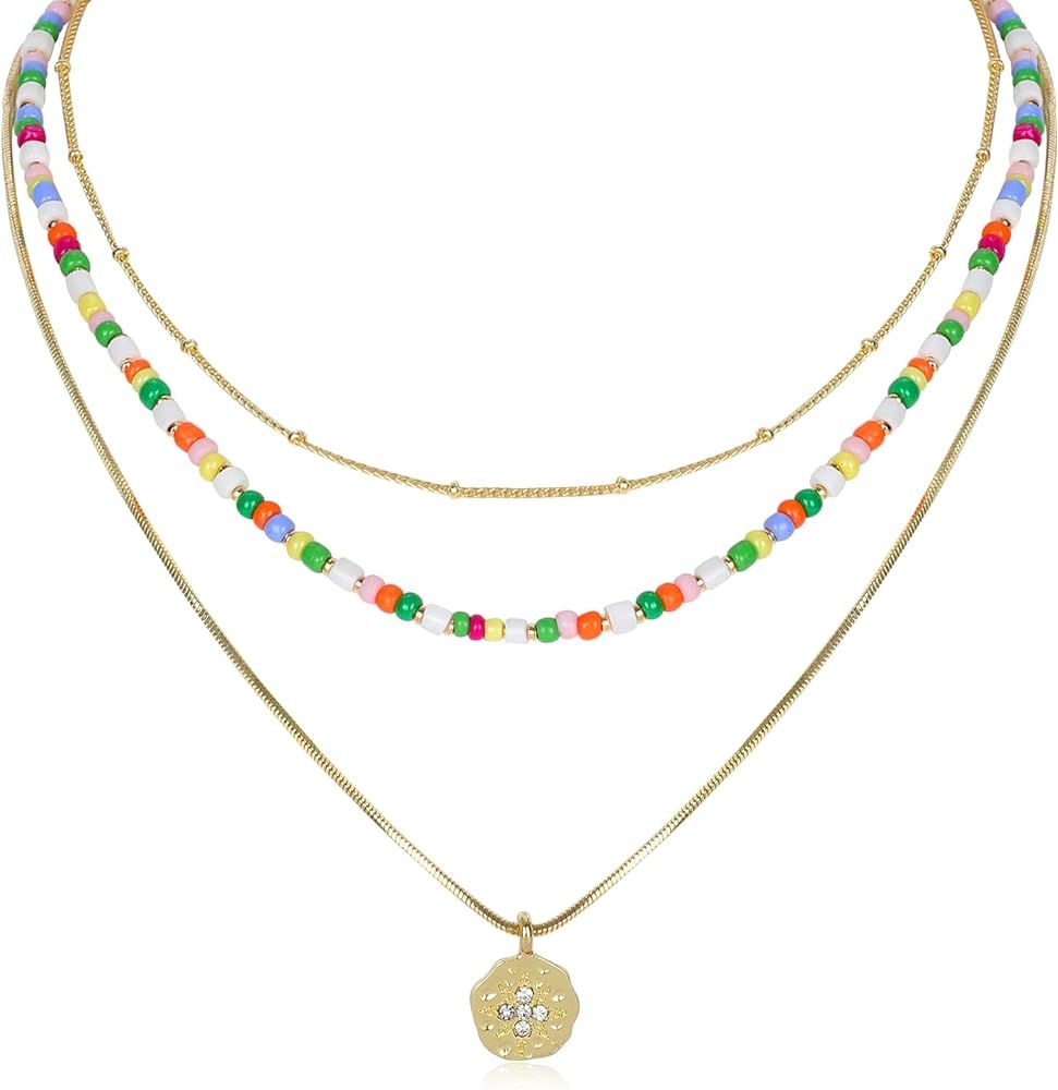 IDEAJOY Bohemian Beaded Necklace for Women Girls Multilayered Strand Choker Necklace with Pendant... | Amazon (US)