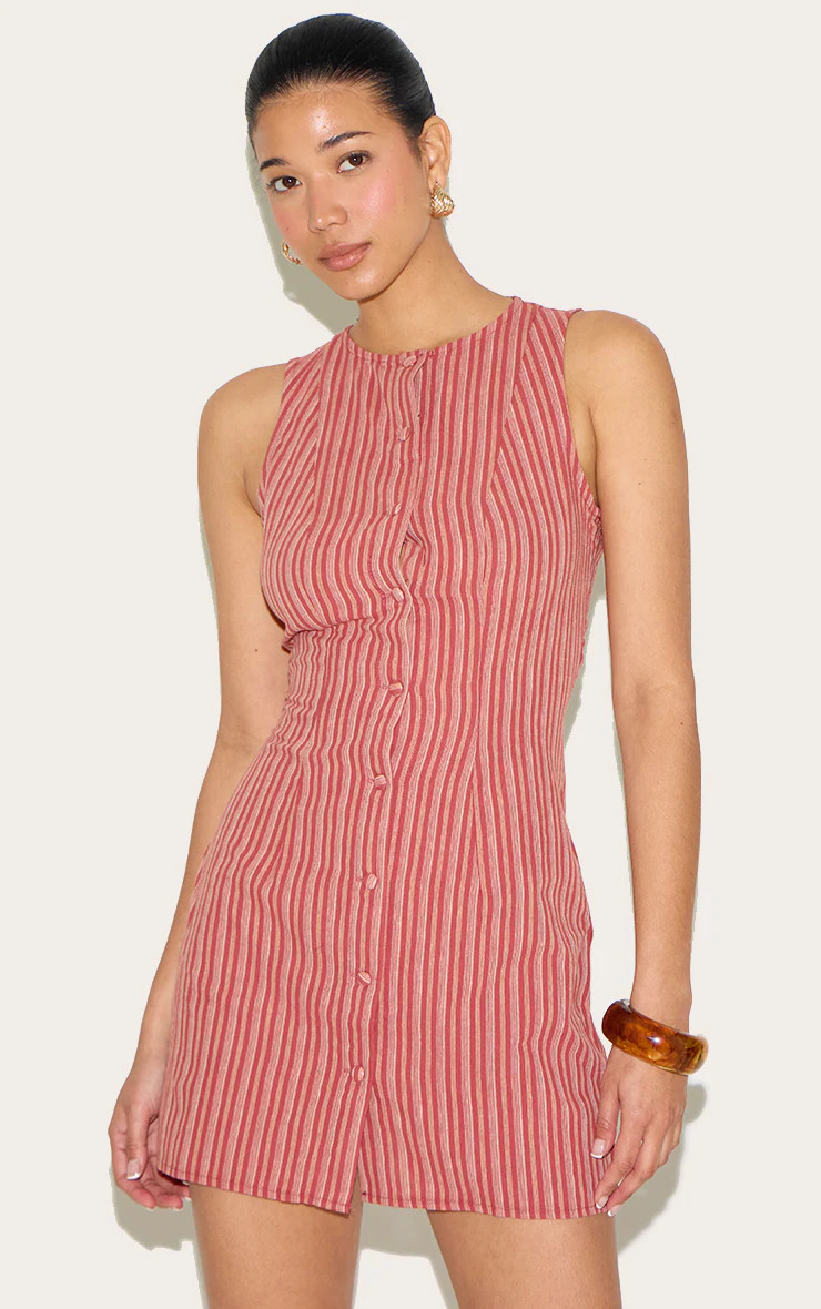 Red Pinstripe Button Down Shift Dress | Dresses | PrettyLittleThing UK