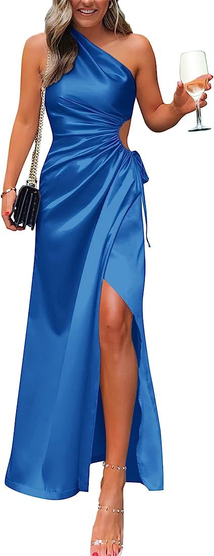 BTFBM Women 2023 One Shoulder Prom Dresses Sleeveless Cutout Ruched Adjustable Split Satin Party Coc | Amazon (US)