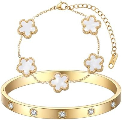 18K Gold Plated Clover Bracelet Love bangle Set for Women - Stack Friendship Bracelet Lucky Link ... | Amazon (US)