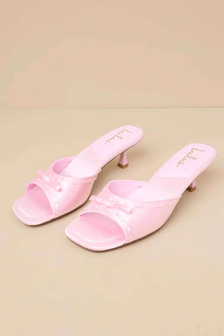 Gennie Pink Satin Bow Kitten Heel Slide Sandals | Lulus