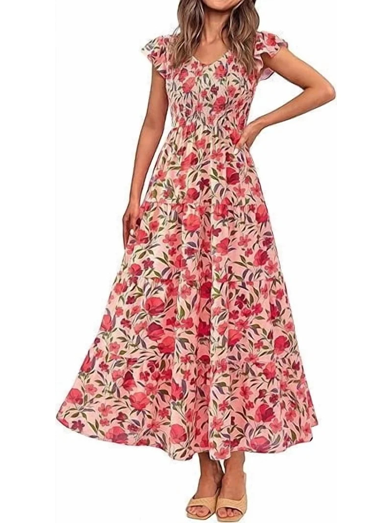 PRETTYGARDEN Women's Summer Flowy Maxi Dress Casual Cap Sleeve V Neck Smocked Beach Sundress | Walmart (US)