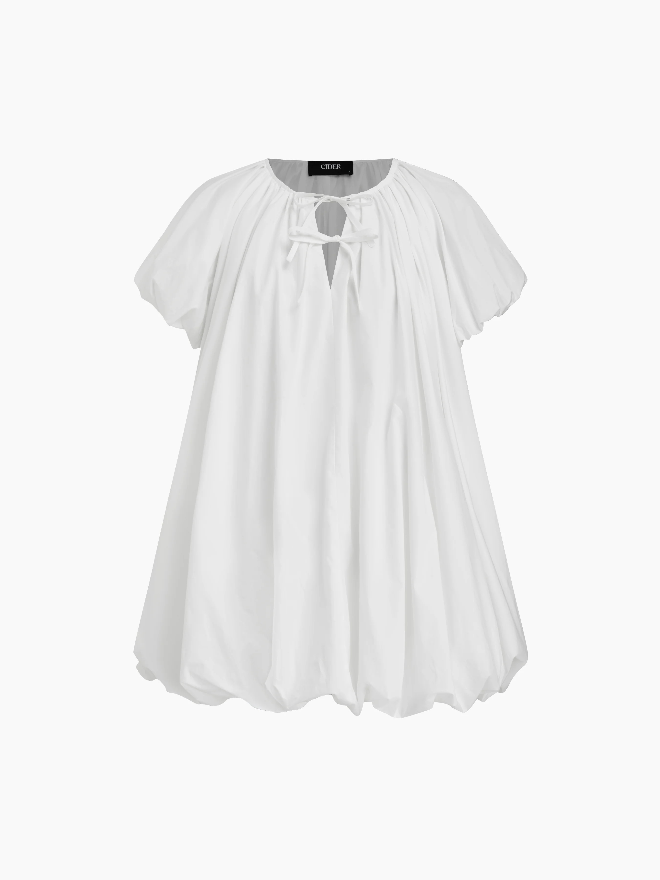 Woven Cotton Tie Front Bow Bubble Hem Puff Sleeve Smock Mini Dress For Date | Cider