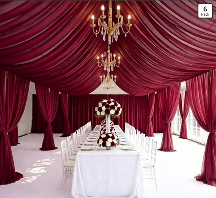 6 Panels 5ft x 30ft Burgundy Chiffon Ceiling Drapes for Weddings, Sheer Fabric Ceiling Curtain fo... | Amazon (US)