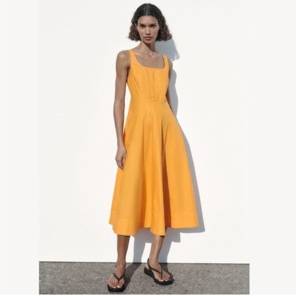 Orange Zara dress, staud vibes, midi length | Poshmark