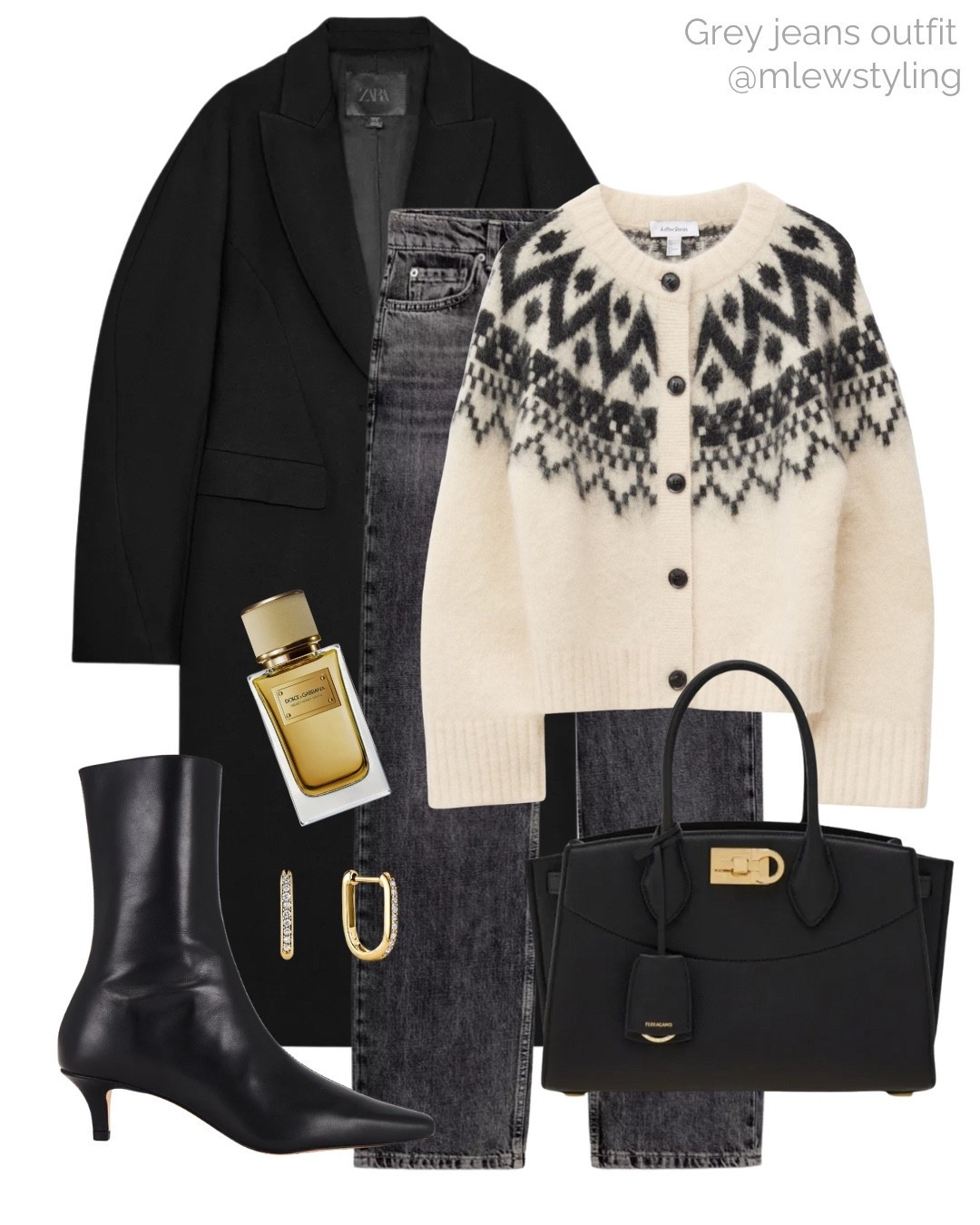 Elevated autumn outfit with a fair isle cardigan sweater and grey denim 🖤

Tags: new in Zara jeans, black wool coat, & other stories jumper, black ankle boots, raye kitten heel booties, Dolce & Gabbana perfume, Mejuri gold earrings, Ferragamo tote bag, fall fashion 