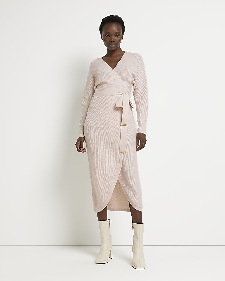 Pink knit long sleeve wrap midi dress | River Island (UK & IE)
