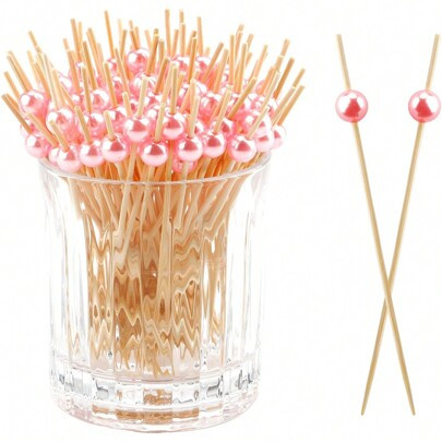 100pcs Disposable Wooden Bamboo Skewers, Suitable For Kitchen, Dining, Fruit Salad, Wedding, Party, Round Beaded Design, Pink | SHEIN