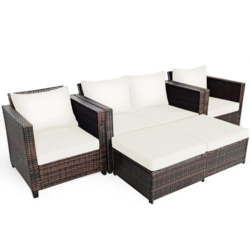 COSTWAY 5PCS Patio Rattan Furniture Set, Loveseat Sofa with Cushioned Chairs and Ottomans, Outdoor Wicker Conversation Set for Backyard Porch Lawn Garden (White) | Amazon (US)