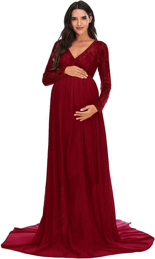 ZIUMUDY Maternity V Neck Chiffon Photography Gown Long Sleeve Lace Stitching Maxi Dress for Baby ... | Amazon (US)