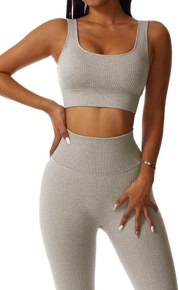 Workout Outfits for Women 2 Piece Set Seamless Ribbed Crop Tank Top High Waist Shorts Yoga Tracks... | Amazon (US)