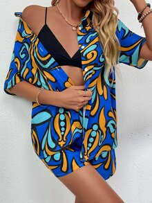 Single Breasted Graphic Print Blouse And Shorts Set | SHEIN